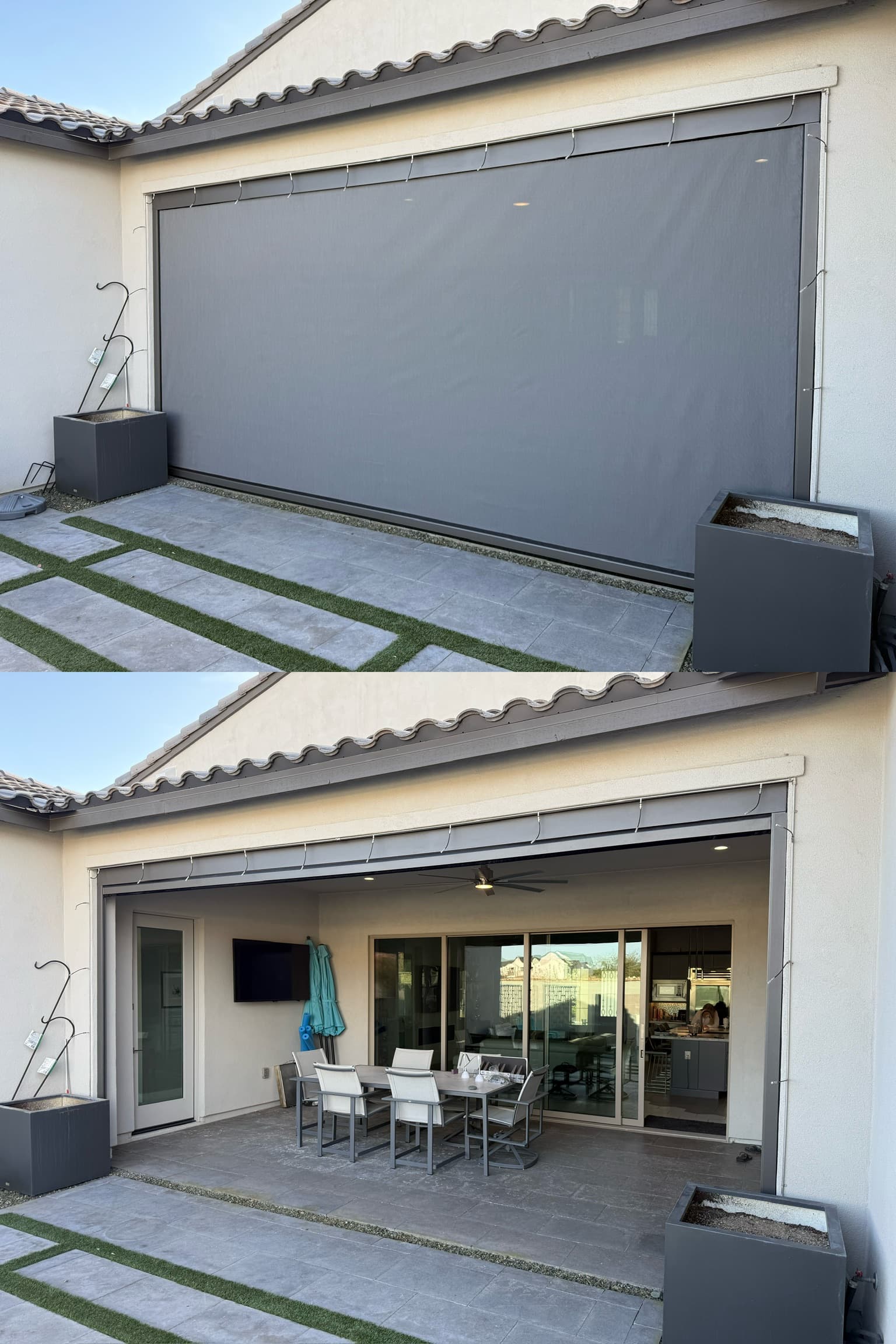 Patio shade shown lowered and raised for privacy and shade control